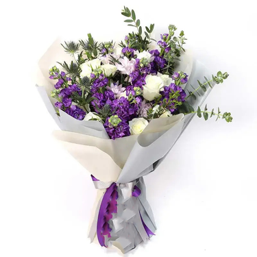 Character Bouquet, Purple Stock Flowers, White Roses, Pink Chrysanthemums, Eryngium